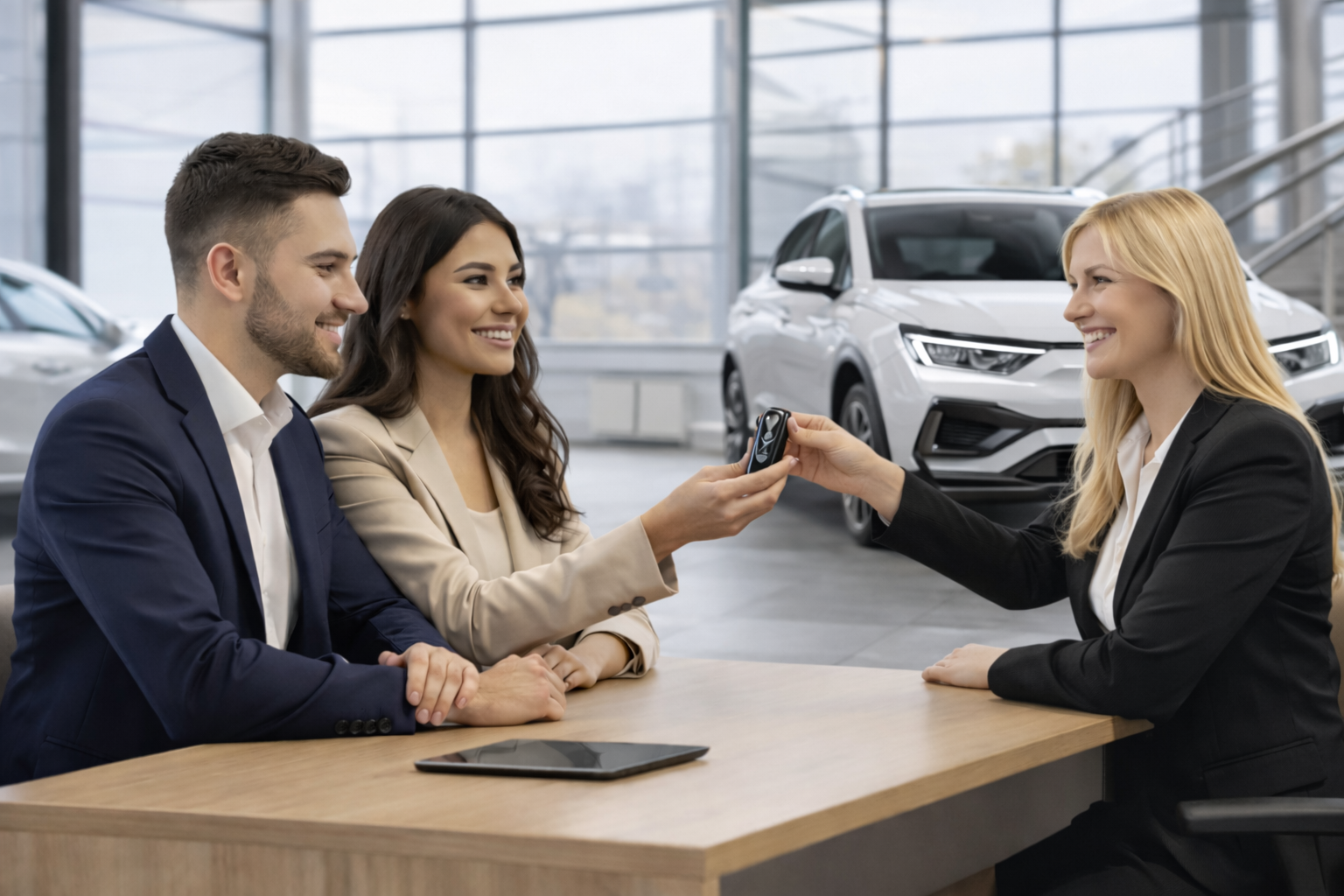 Happy couple at car dealership